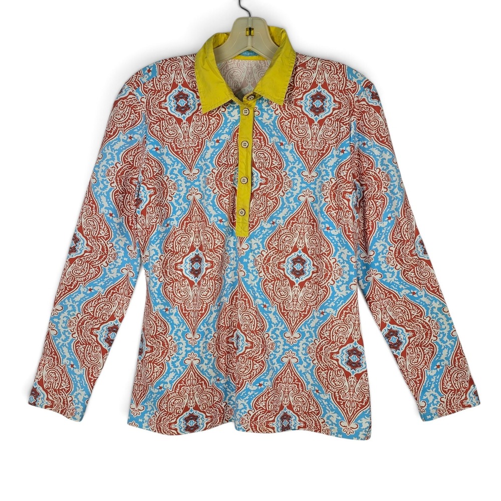 J.McLaughlin Top Women M Paisley Medallion Red Blue Yellow Button Neck EUC Shirt
